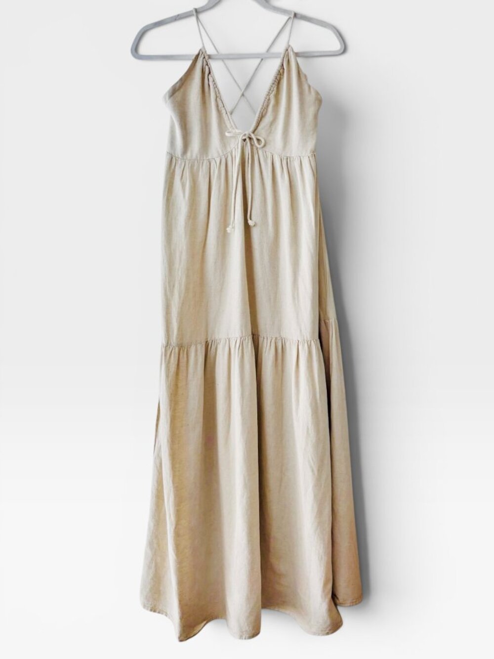 Sim & Sam Beige Linen Blend Boho Maxi Dress Crisscross Back Size Medium - Picture 2 of 13